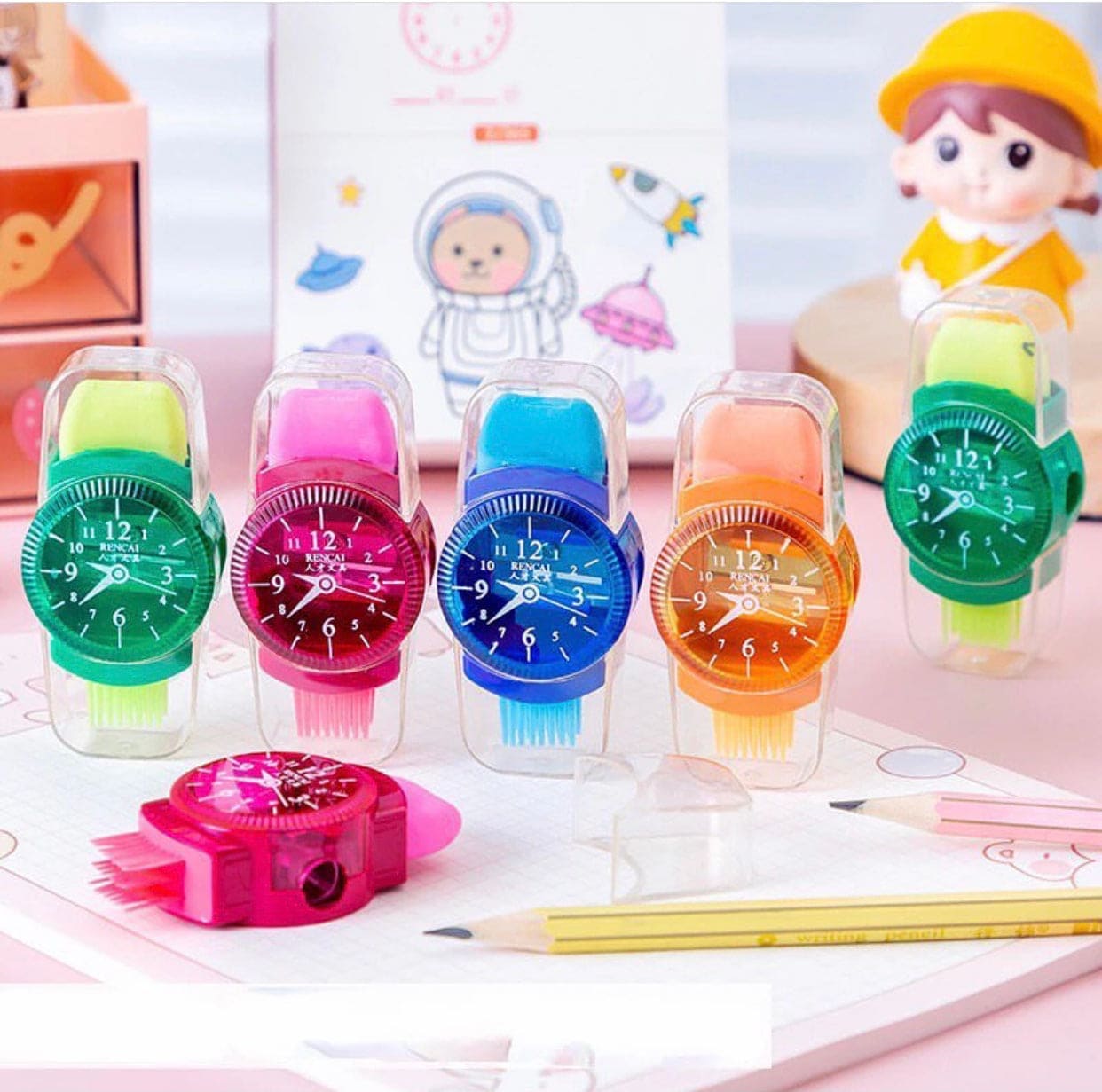 Creative 3 in 1 Pencil Sharpener, Creative Wristwatch Modelling Pencil Sharpener With Eraser And Brush Creative 3 in 1 Pencil Sharpener, Creative Wristwatch Modelling Pencil Sharpener With Eraser And Brush